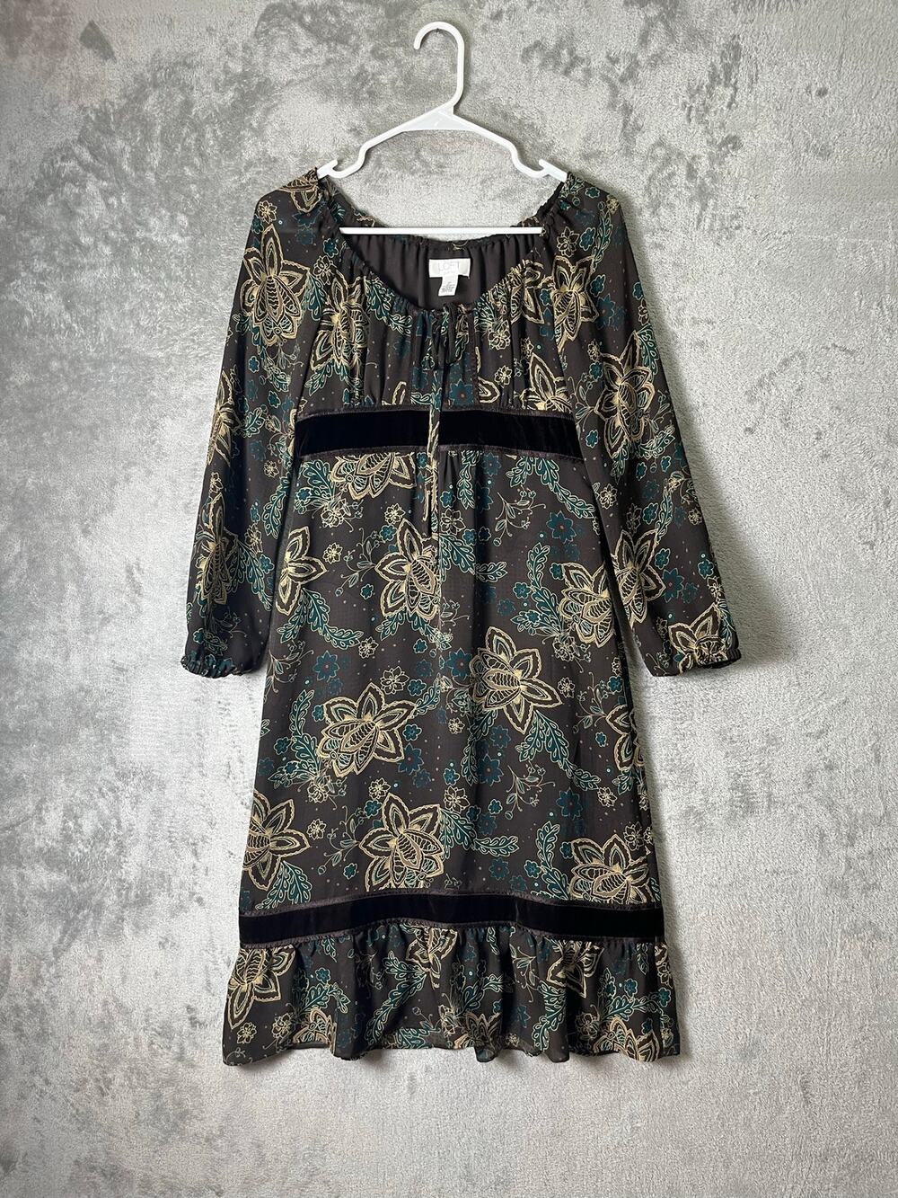 Vintage Y2K Floral Paisley Chiffon Dress Velvet Trim Ruffle Hem Fairy Grunge